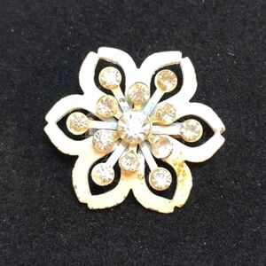 Vintage Metal White with Rhinestones Floral Brooch Very Old